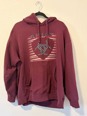 Ariat Mens Pullover Hoodie XL Burgundy American Flag Shield Logo Sweatshirt